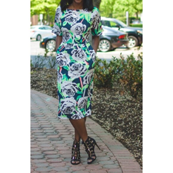ASOS Size 4 Bright Floral Wiggle Print Short‎ Sleeve Midi Dress Pockets - Picture 1 of 13